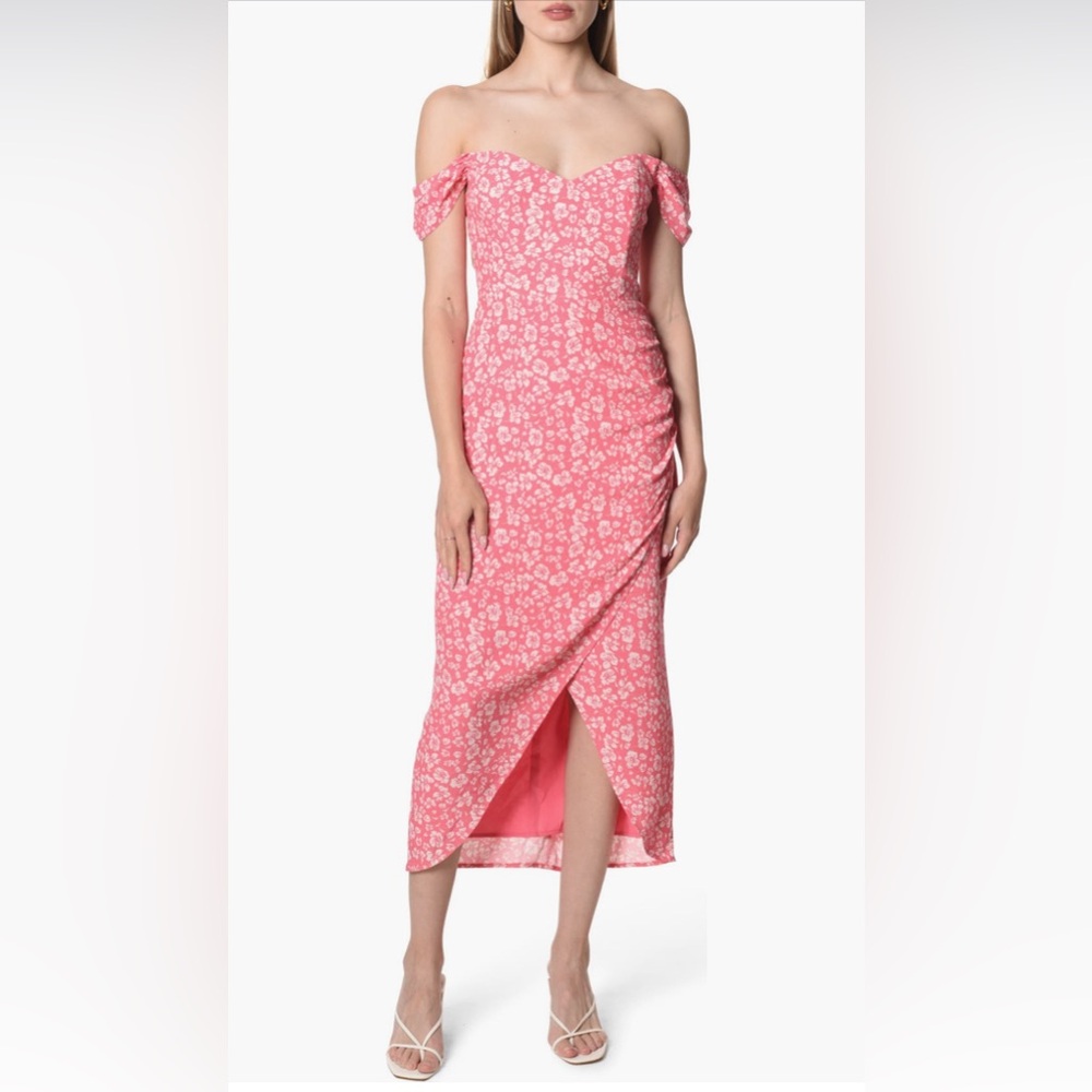 Wayf Pink and White Kennedy Off-Shoulder Midi Dress